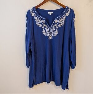 J. Jill Women's Blue White Embroidered Boho Tunic Split Neck Shirt 3X